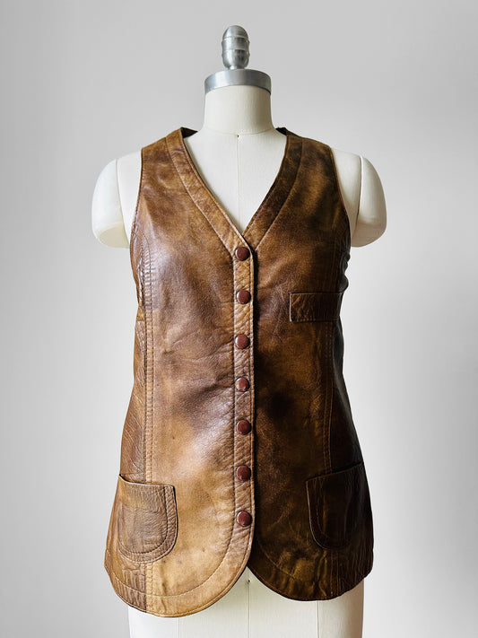 70s Brown Snap Button Fitted Leather Vest - Sz. Small
