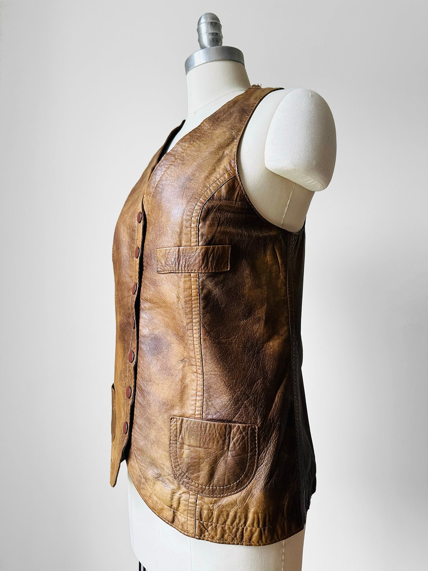 70s Brown Snap Button Fitted Leather Vest - Sz. Small