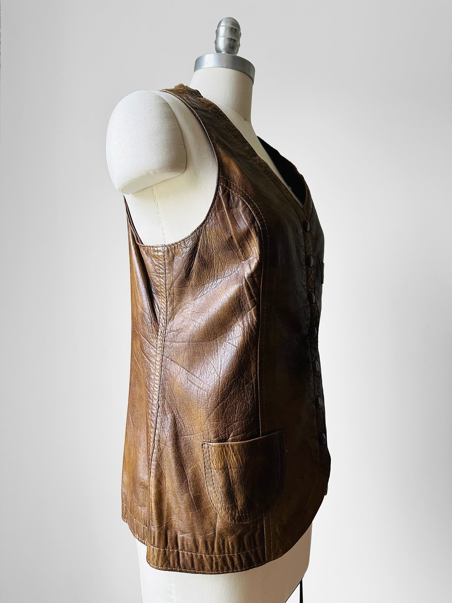 70s Brown Snap Button Fitted Leather Vest - Sz. Small