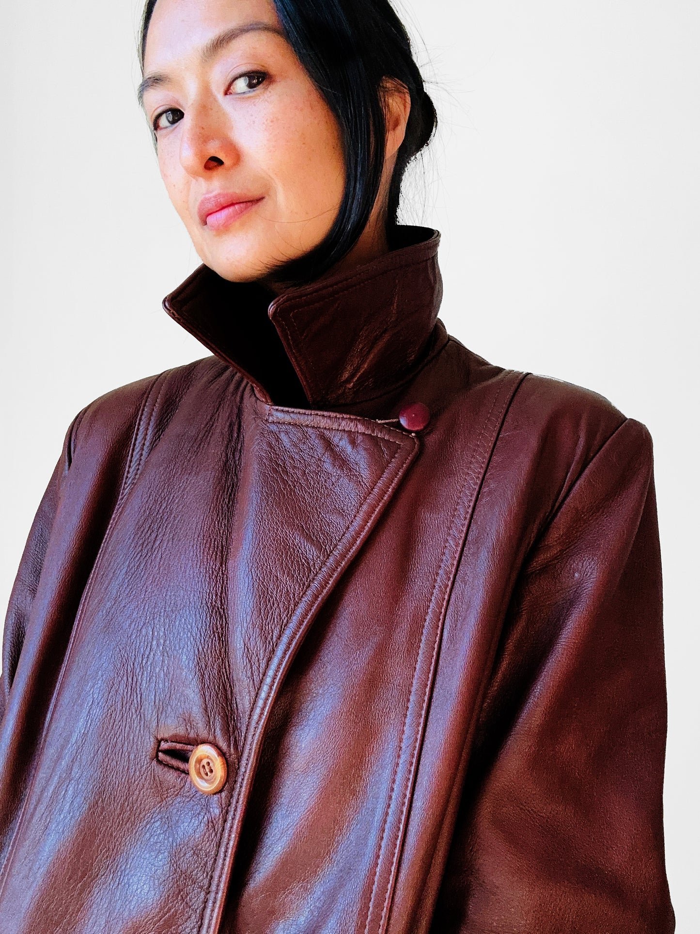 1970s Long Tapered Waist Auburn Brown Soft Leather Quilted Lining Coat