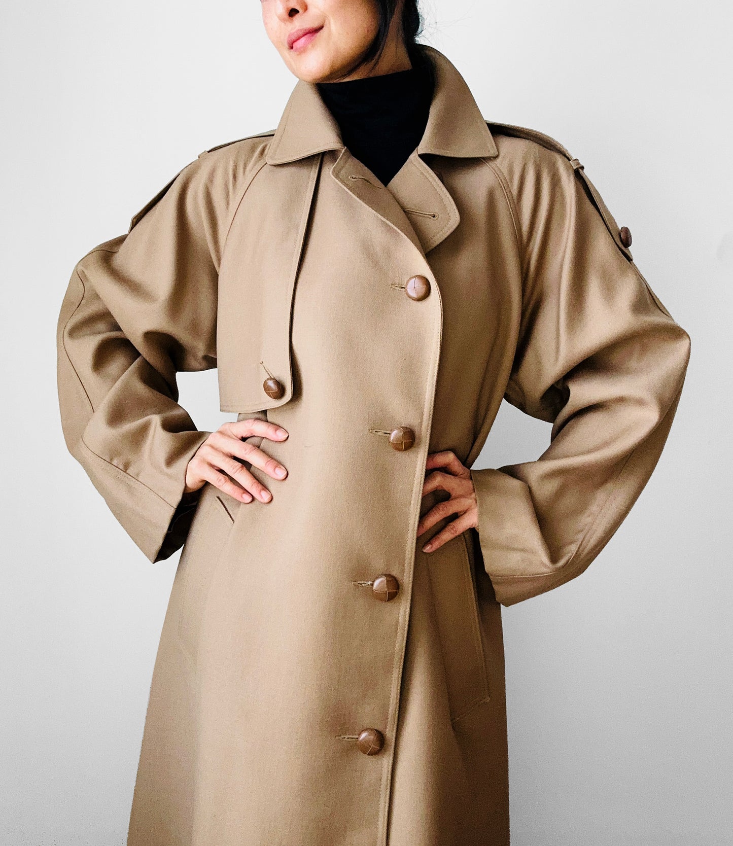 1980s Tan Wool Double Breasted Trench Duster Coat - Sz. S/M