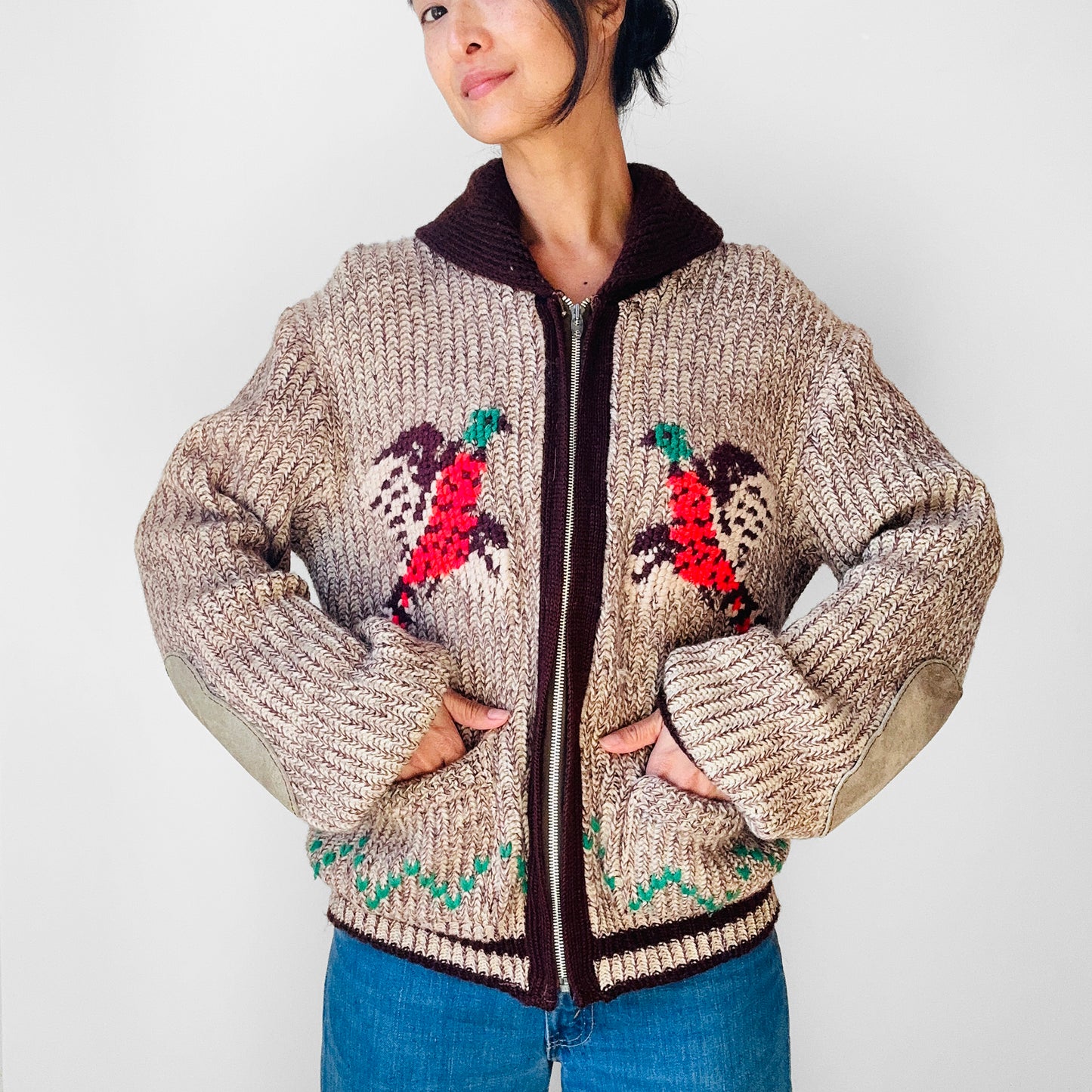 1950s  - 1960s Zippered Wool Knit Pheasant Sweater Jacket - S/M