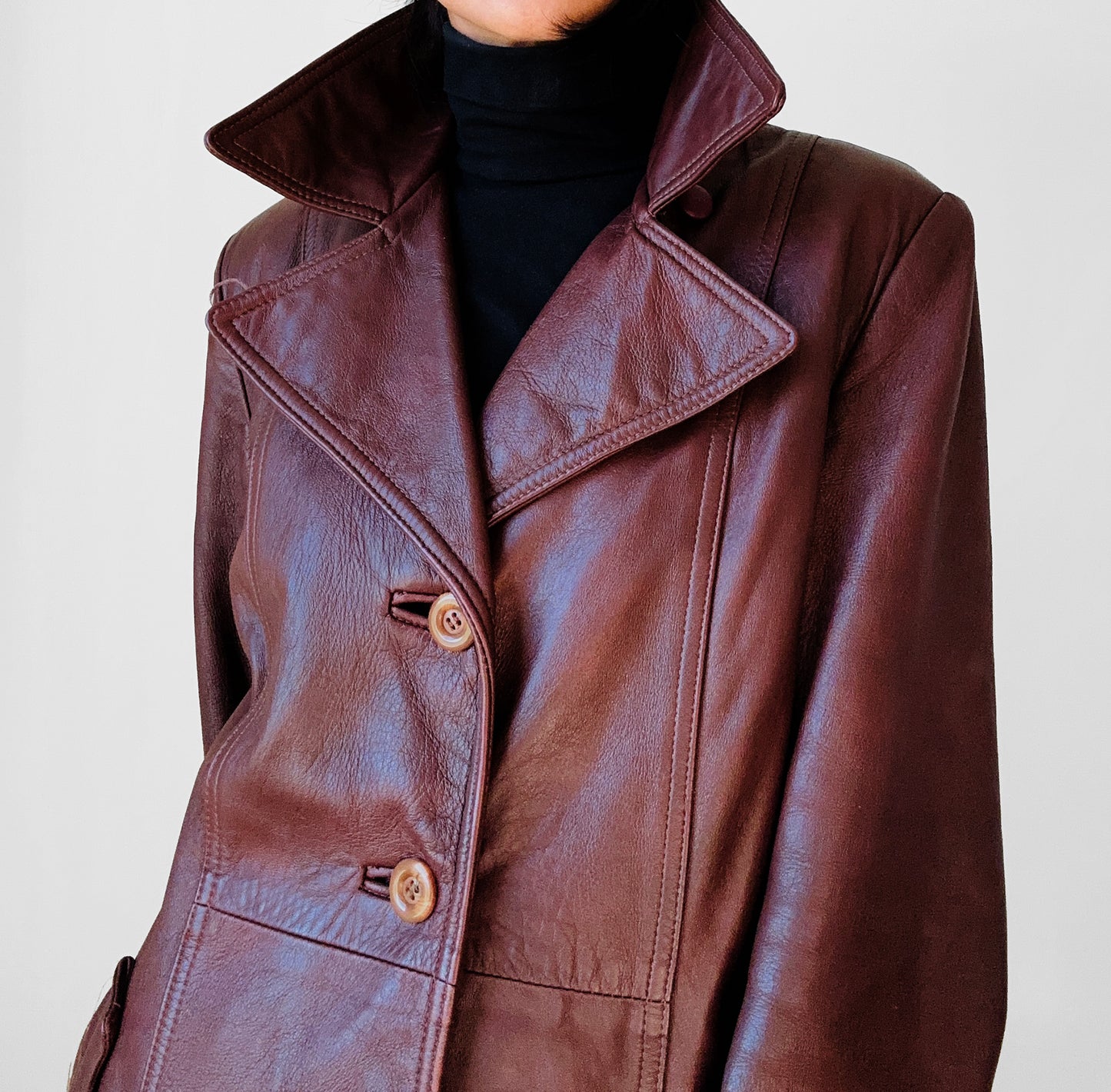 1970s Long Tapered Waist Auburn Brown Soft Leather Quilted Lining Coat