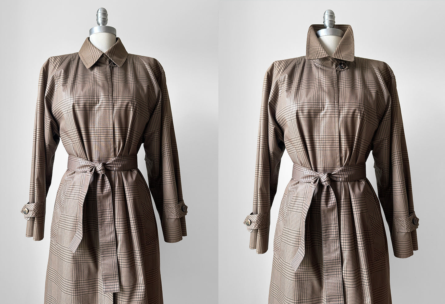 1980s Beige Houndstooth LONDON FOG Lined Belted Rain Aline Trench - Sz. S/M