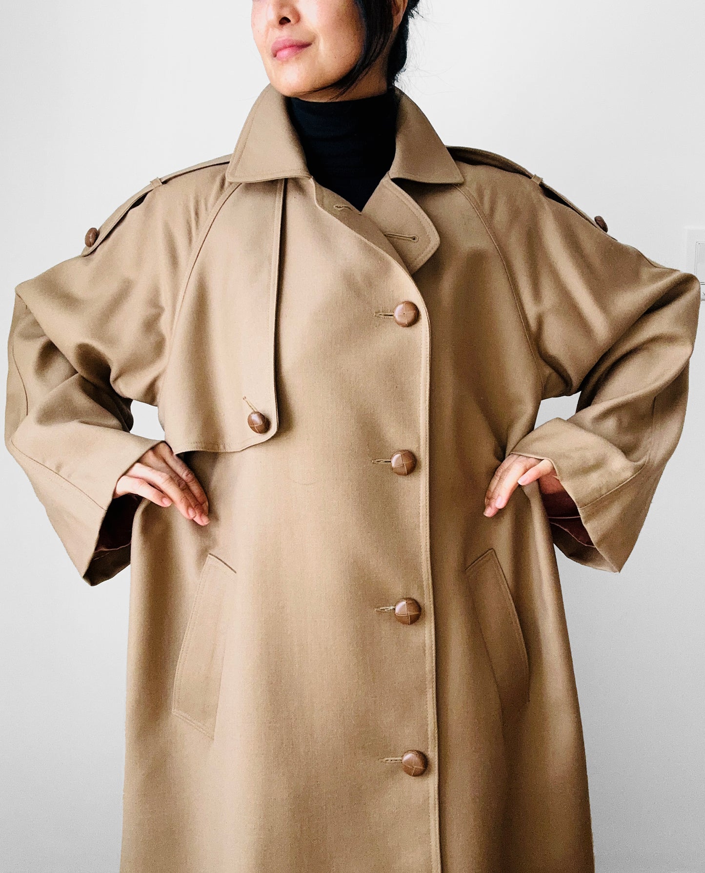 1980s Tan Wool Double Breasted Trench Duster Coat - Sz. S/M