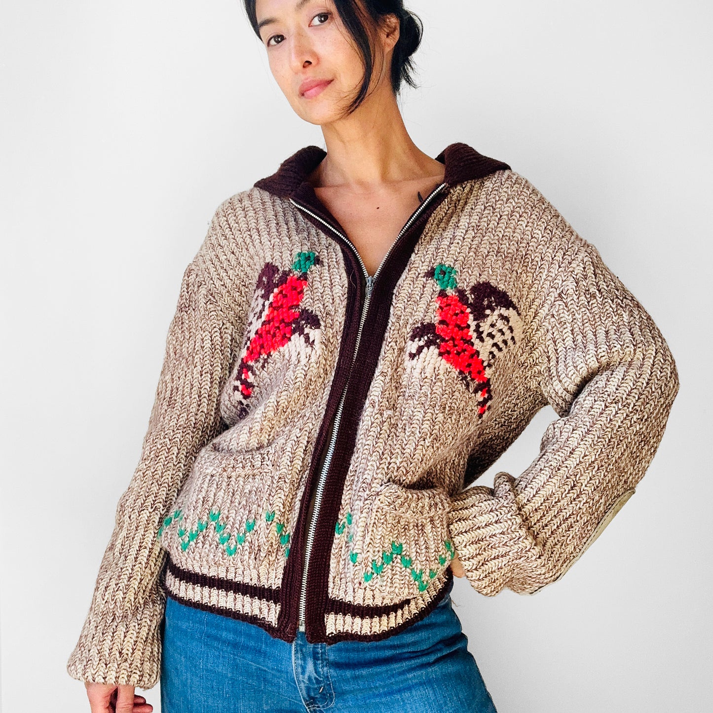 1950s  - 1960s Zippered Wool Knit Pheasant Sweater Jacket - S/M