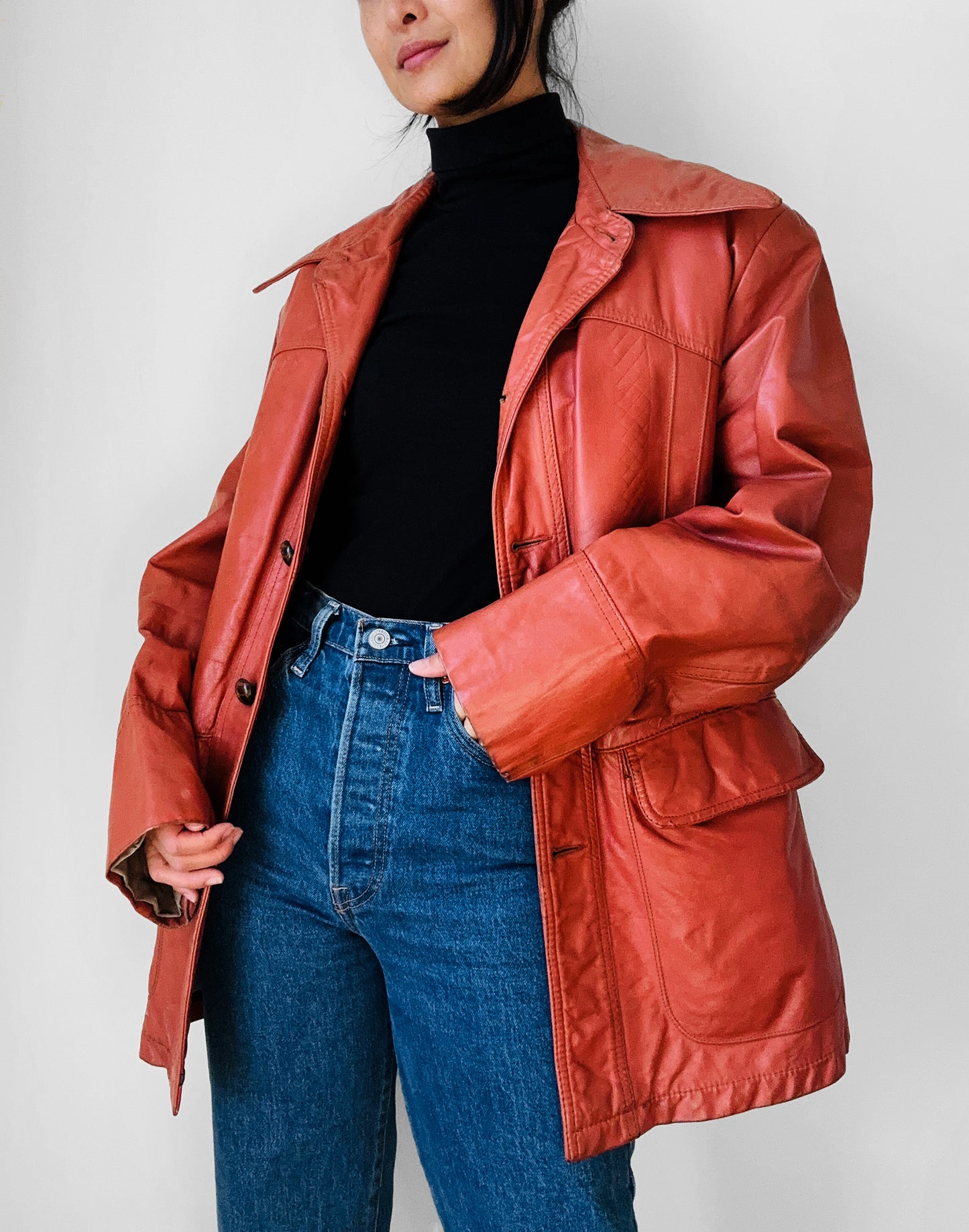 1970s Amber Well-Worn Braided Detail Faux Fur Lined Leather Jacket