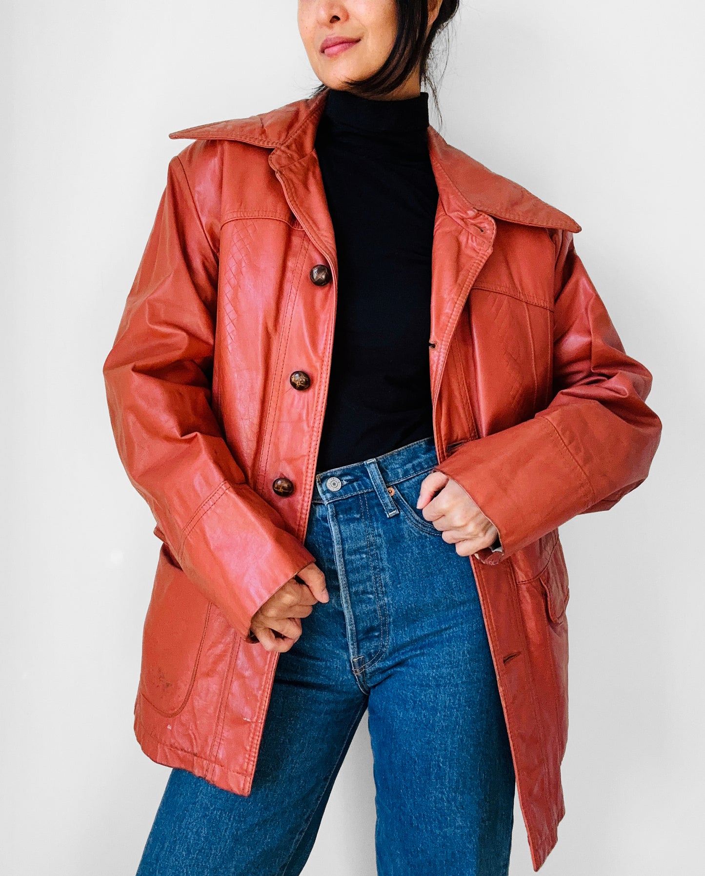 1970s Amber Well-Worn Braided Detail Faux Fur Lined Leather Jacket