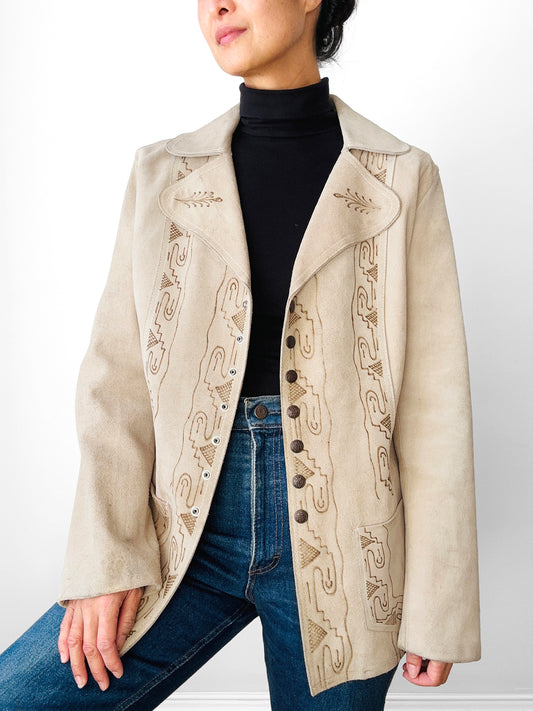 Vintage 1940s - 1950s Light Tan Snap-Button Suede Jacket with Embossed Southwestern/Aztec Designs - Sz. S/M