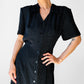 1990s Black Button Front Short Sleeve Cinched Waist Dress - Sz. Med