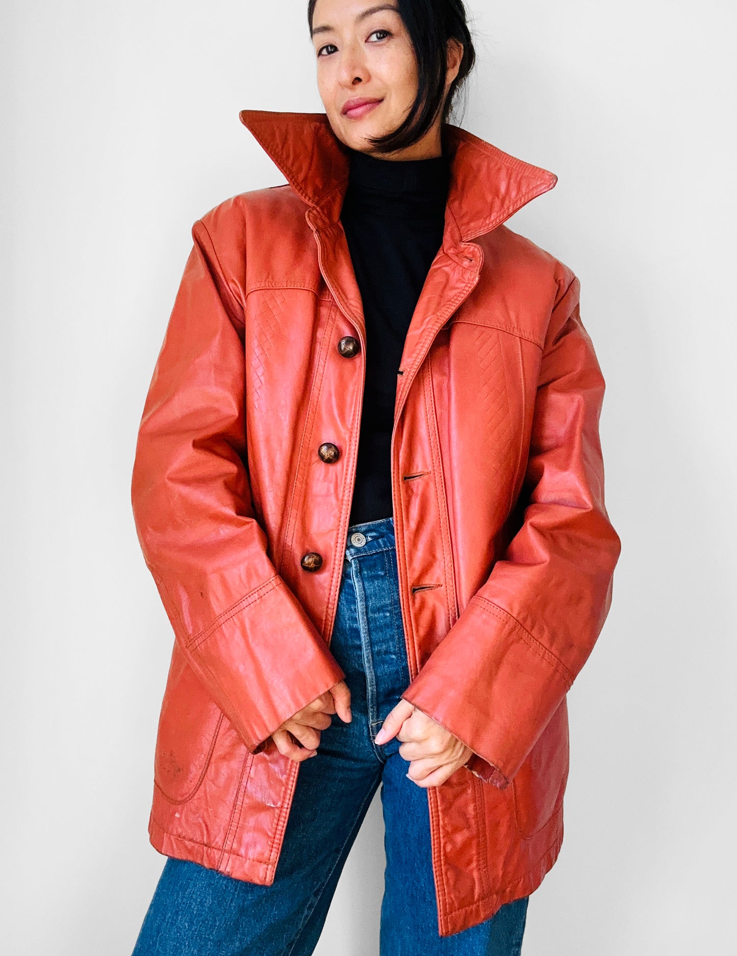 1970s Amber Well-Worn Braided Detail Faux Fur Lined Leather Jacket