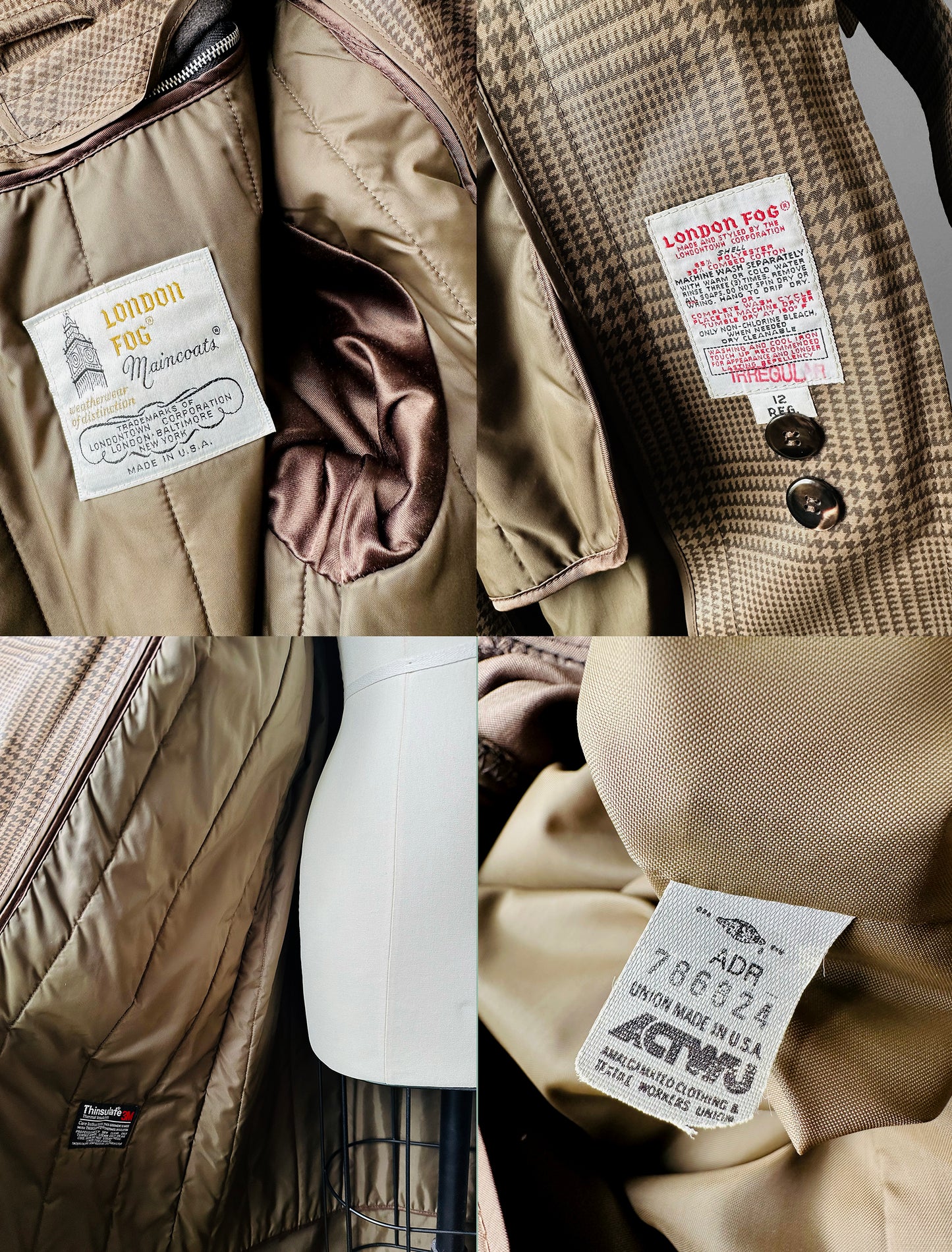 1980s Beige Houndstooth LONDON FOG Lined Belted Rain Aline Trench - Sz. S/M