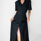 1990s Black Button Front Short Sleeve Cinched Waist Dress - Sz. Med