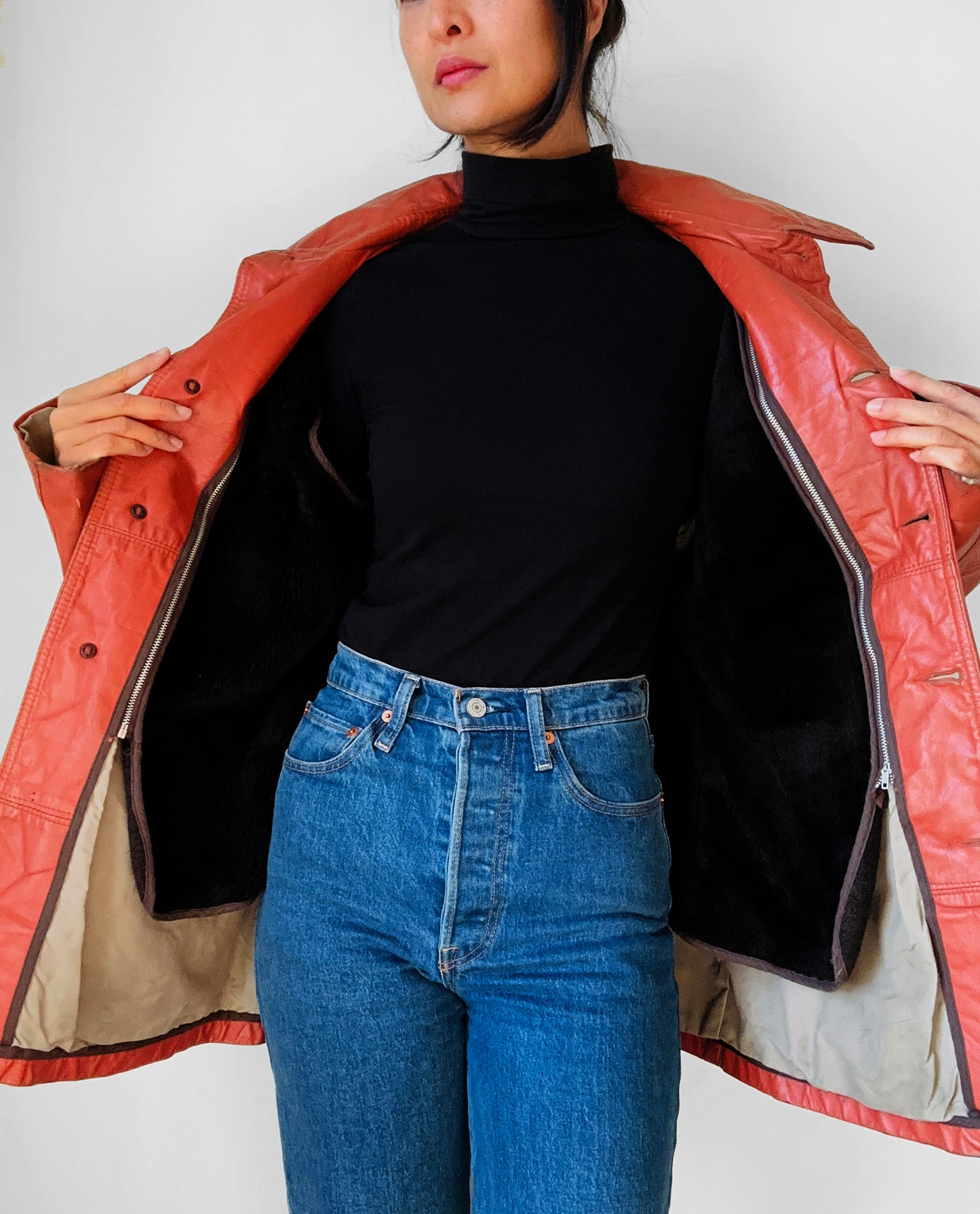 1970s Amber Well-Worn Braided Detail Faux Fur Lined Leather Jacket