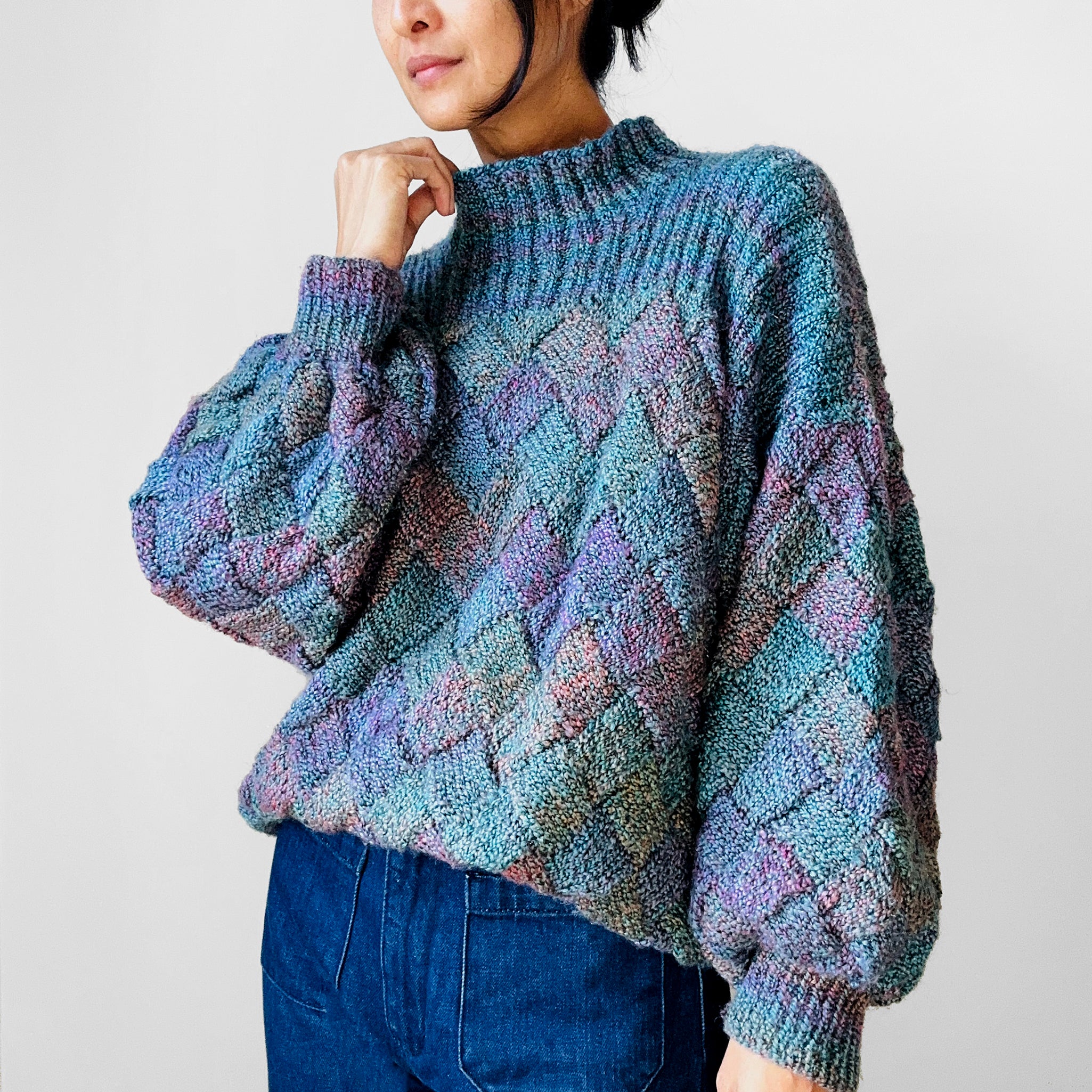 1980s Multi Tonal Basket Weave Puff Sleeve Knit Sweater Sz. O S
