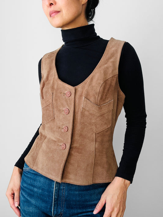 Vintage 1970s Deep Beige Suede Leathercraft Limited England Tapered Waist Vest - S/M