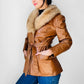 1970s Faux Fur Collared Tan Leather Belted Quilted Interior Jacket - Sz. XS/S