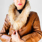 1970s Faux Fur Collared Tan Leather Belted Quilted Interior Jacket - Sz. XS/S