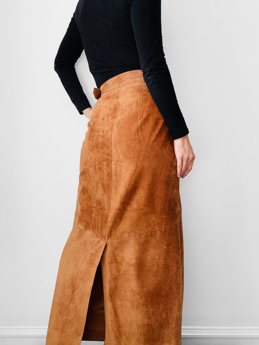 Vintage 1980s Amber Tan Long Wrap Suede Leather Split-Back Skirt - Sz. SM