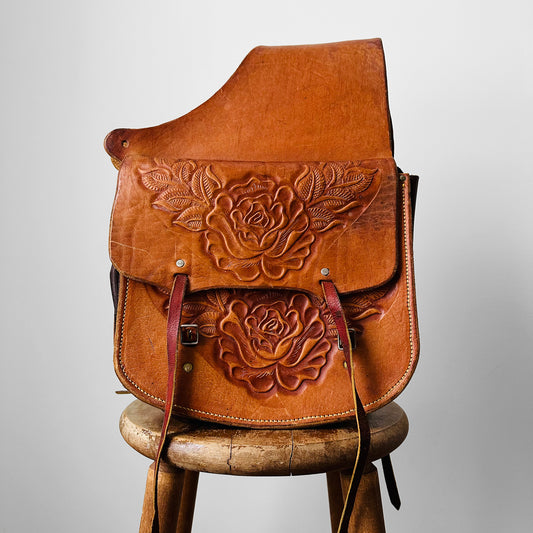 1960s - 1970s Amber Well-Worn Floral Tooled-Leather Saddlebags