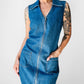 1990s Sleeveless Collared Blue Jean Zip Front Dress - Sz. M/L