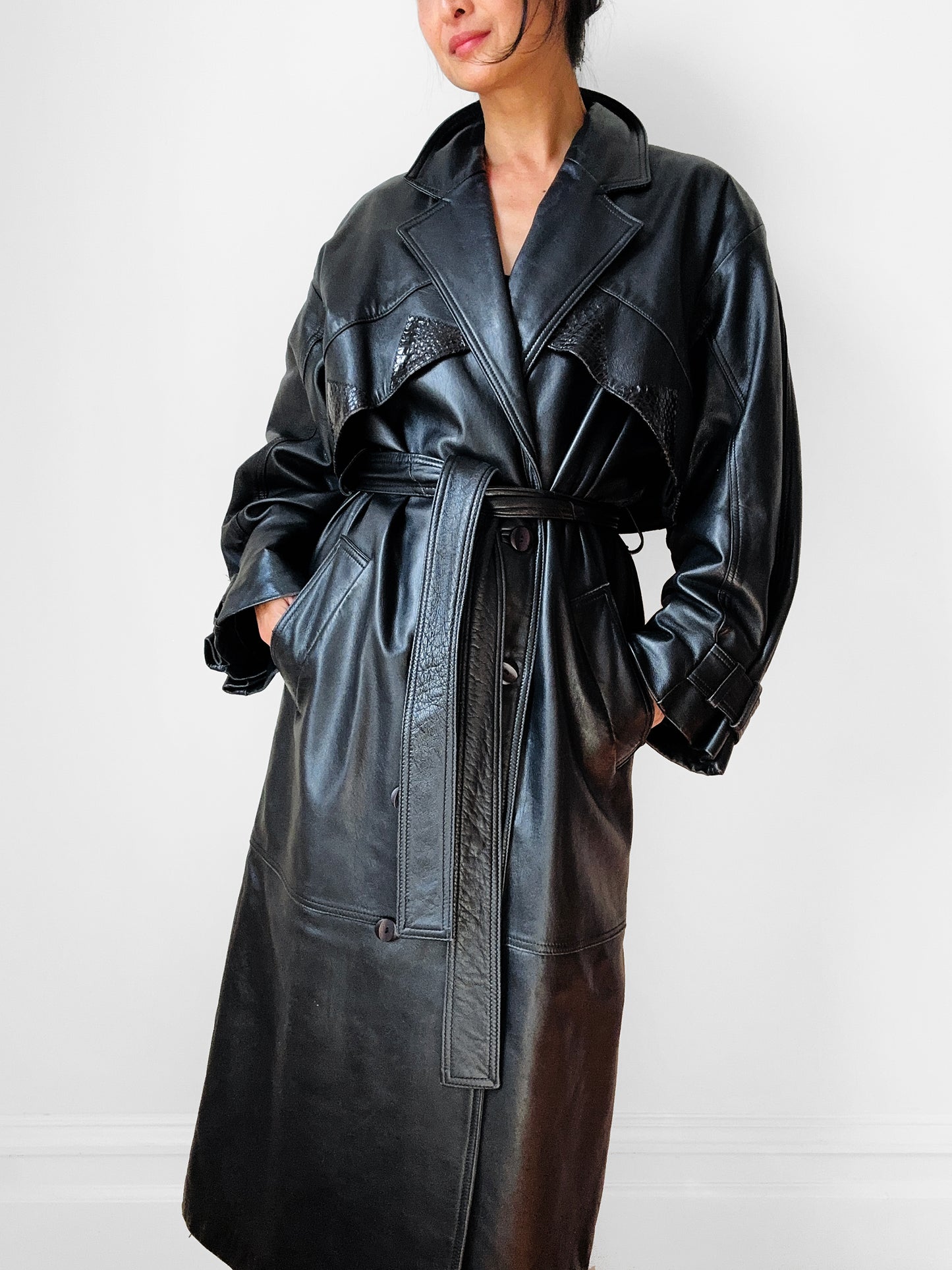 80s - 90s Black Buttery Soft Belted Leather Trench Coat - Sz. S/M