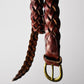 Vintage 1980s - 1990s Reddish Brown Braided Gold Buckle Leather Belt - O/S