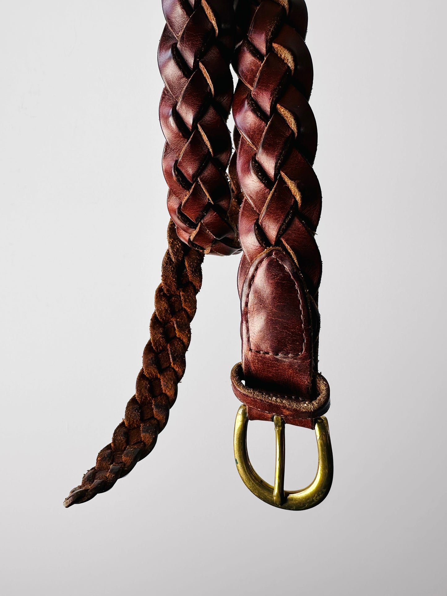 Vintage 1980s - 1990s Reddish Brown Braided Gold Buckle Leather Belt - O/S