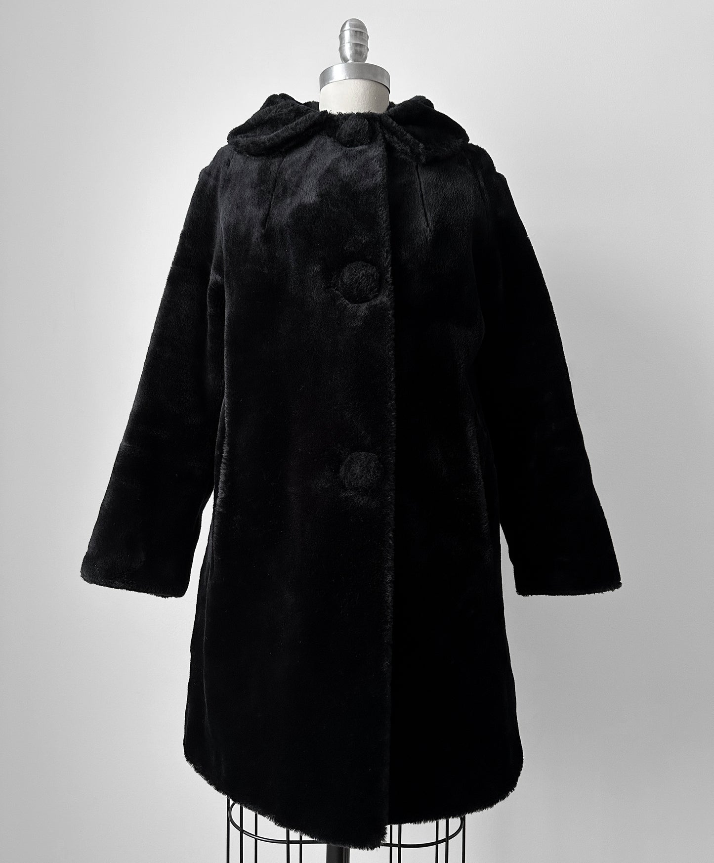 1960s Black Faux Fur A-Line Big Button Bell Sleeve Jacket - Sz. XS / S