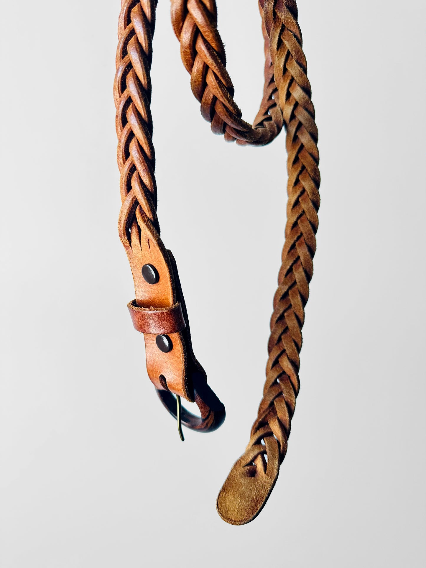 Vintage 1960s - 1970s Tan Polished Wood Buckle Braided Leather Belt - O/S