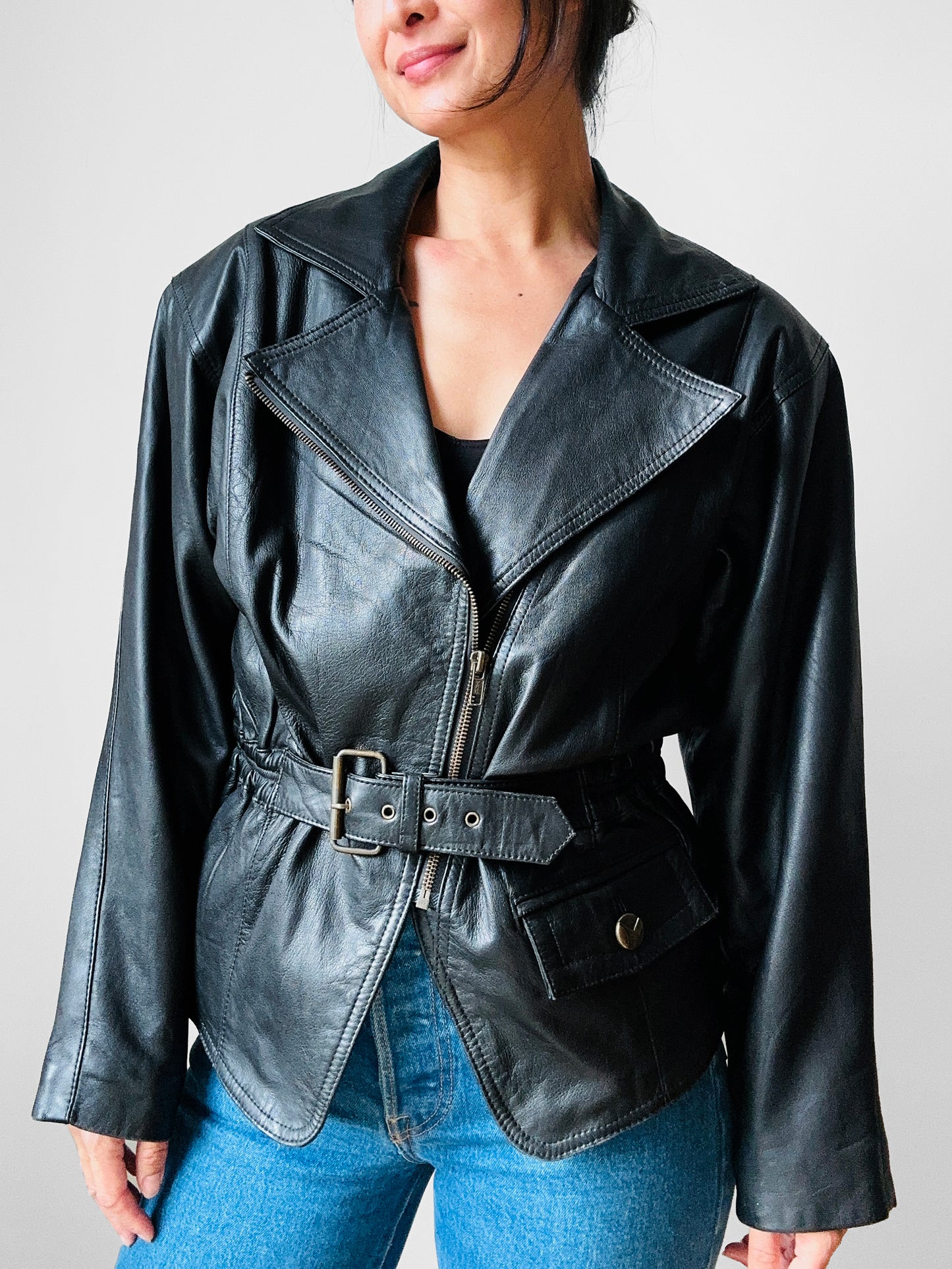 80s Black Peplum Belted Butter Soft Biker Inspired Leather Jacket - Sz. M