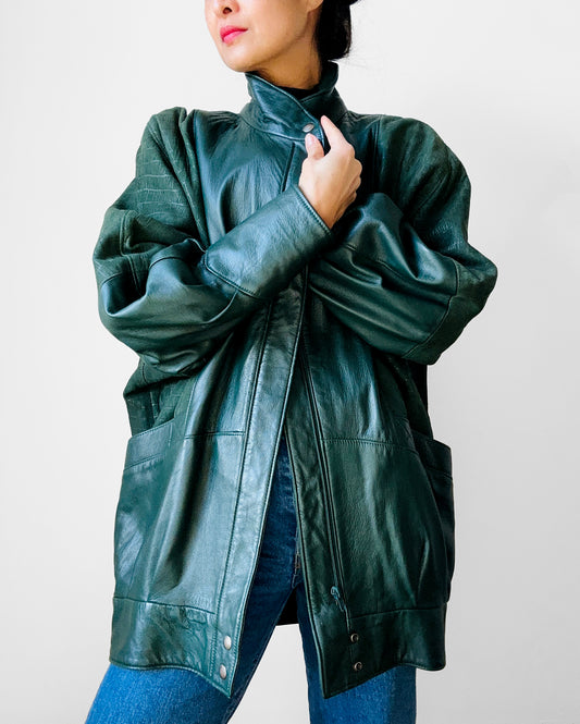 1980s Green Buttery Soft Leather Snap Button Jacket - Sz. S/M