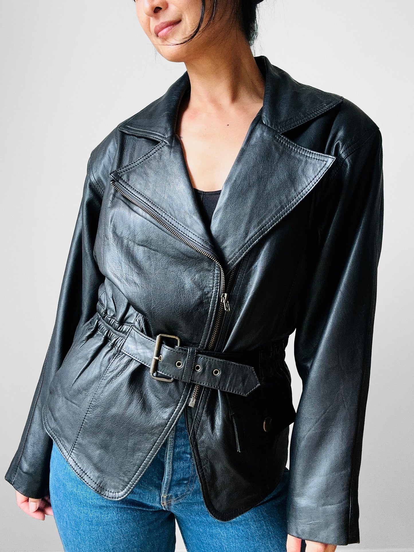 80s Black Peplum Belted Butter Soft Biker Inspired Leather Jacket - Sz. M