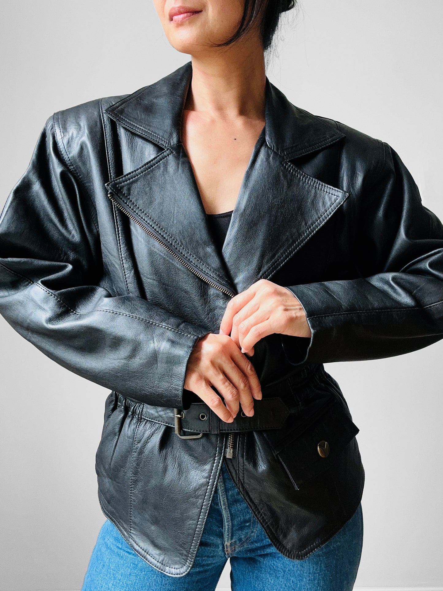 80s Black Peplum Belted Butter Soft Biker Inspired Leather Jacket - Sz. M