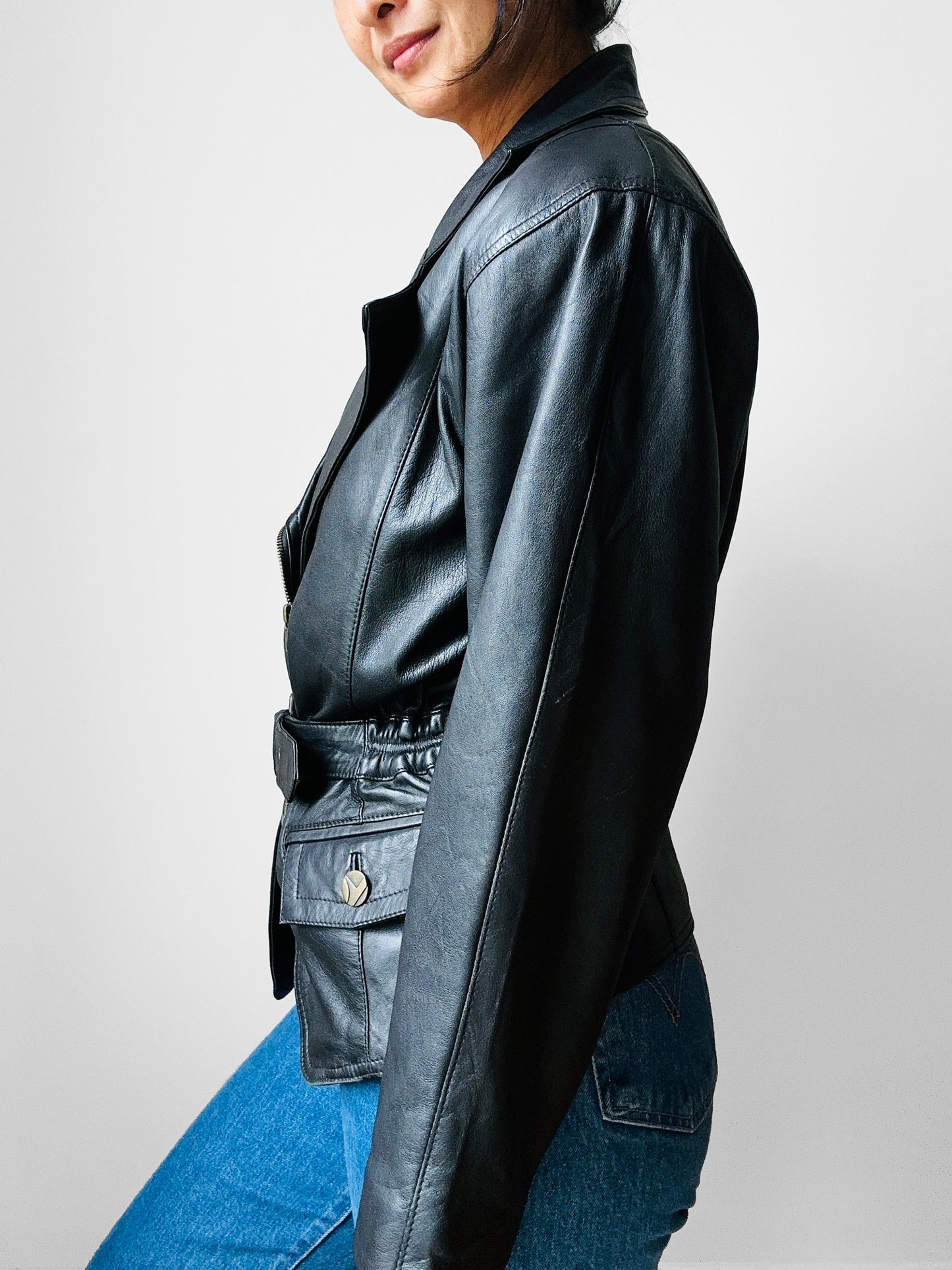 80s Black Peplum Belted Butter Soft Biker Inspired Leather Jacket - Sz. M