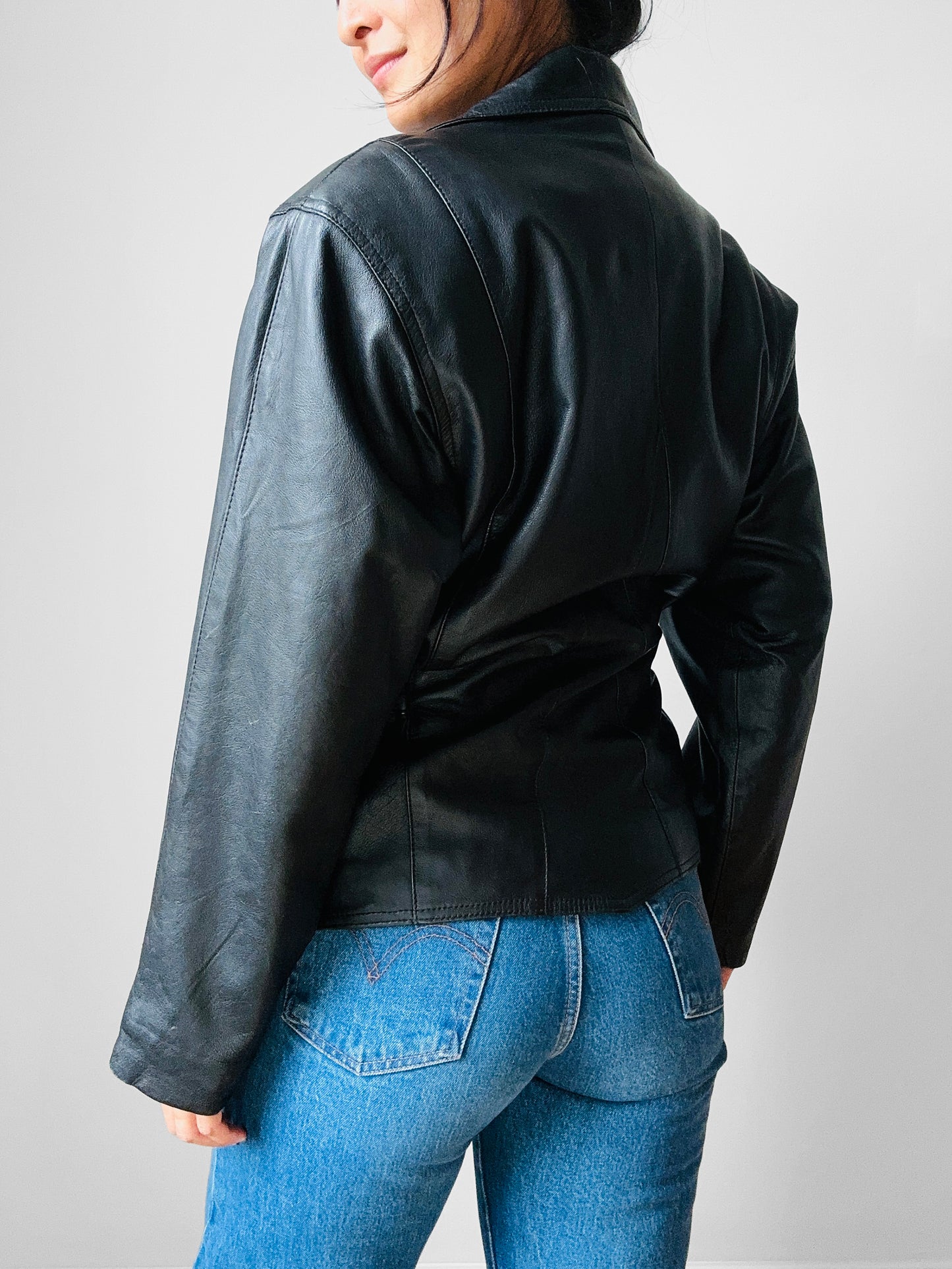 80s Black Peplum Belted Butter Soft Biker Inspired Leather Jacket - Sz. M