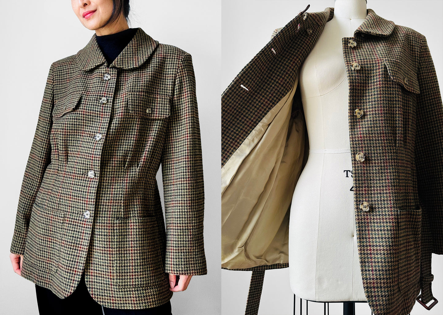 1980s Irish Wool Houndstooth Belted Jacket - Sz. M/L