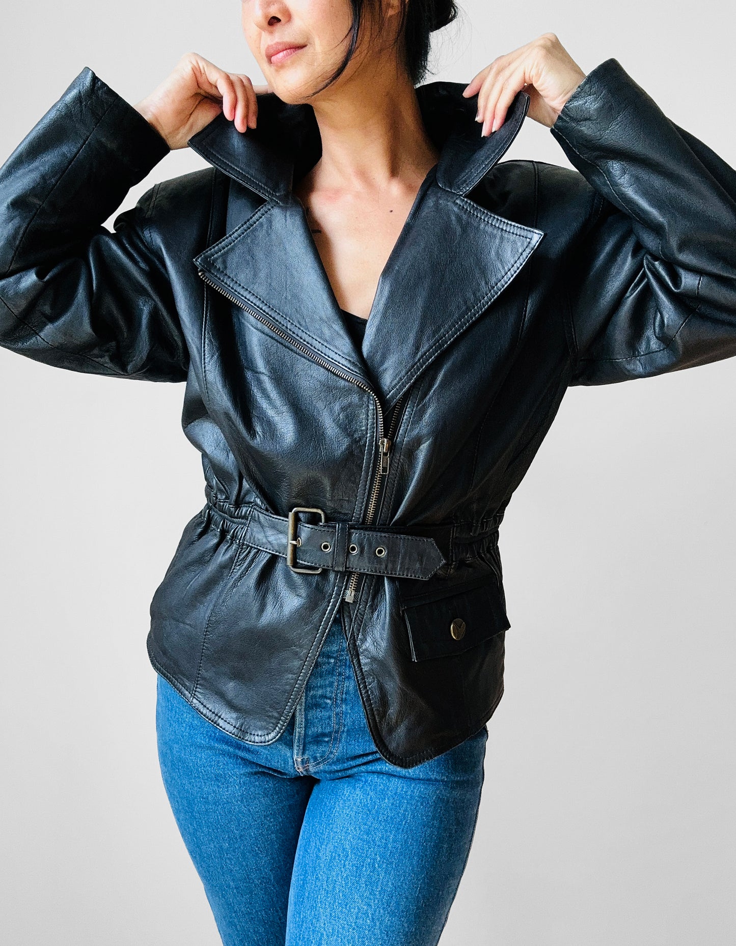 80s Black Peplum Belted Butter Soft Biker Inspired Leather Jacket - Sz. M