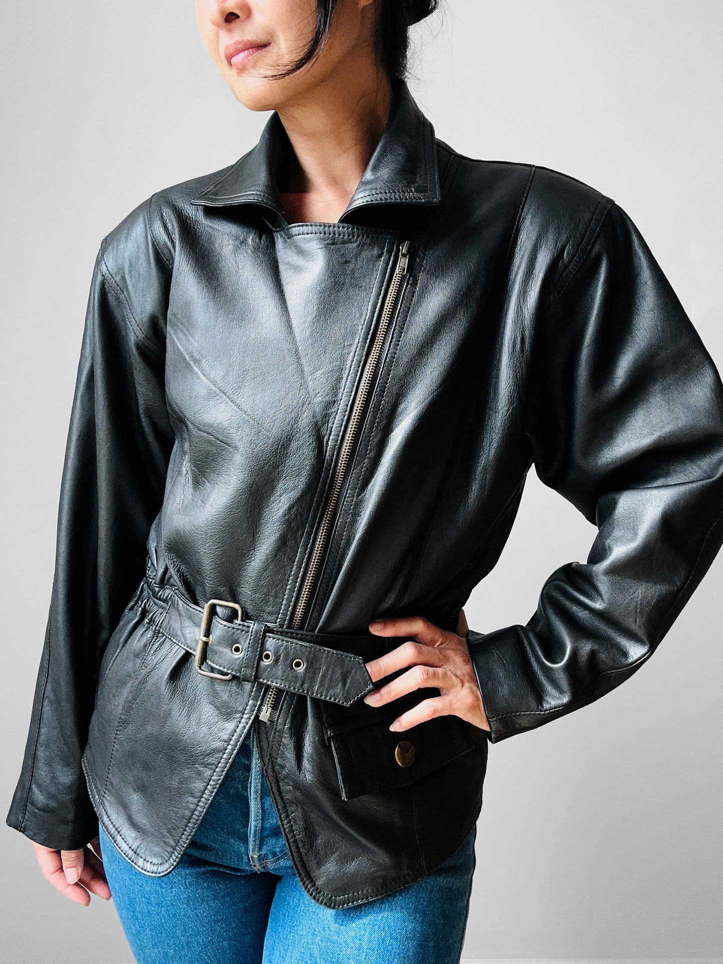 80s Black Peplum Belted Butter Soft Biker Inspired Leather Jacket - Sz. M