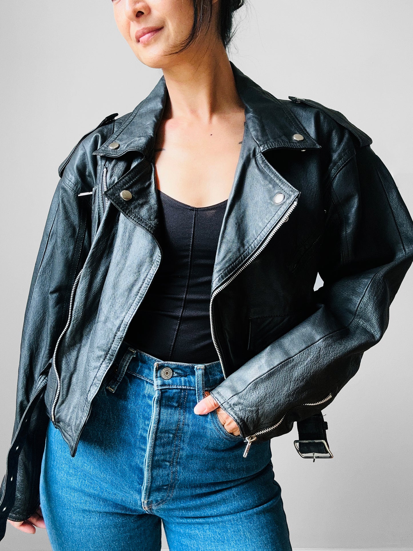 80s Black Short Waist Leather Biker Jacket - Sz. S/M
