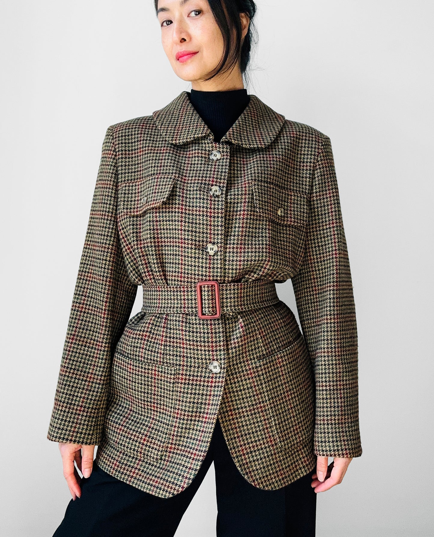 1980s Irish Wool Houndstooth Belted Jacket - Sz. M/L