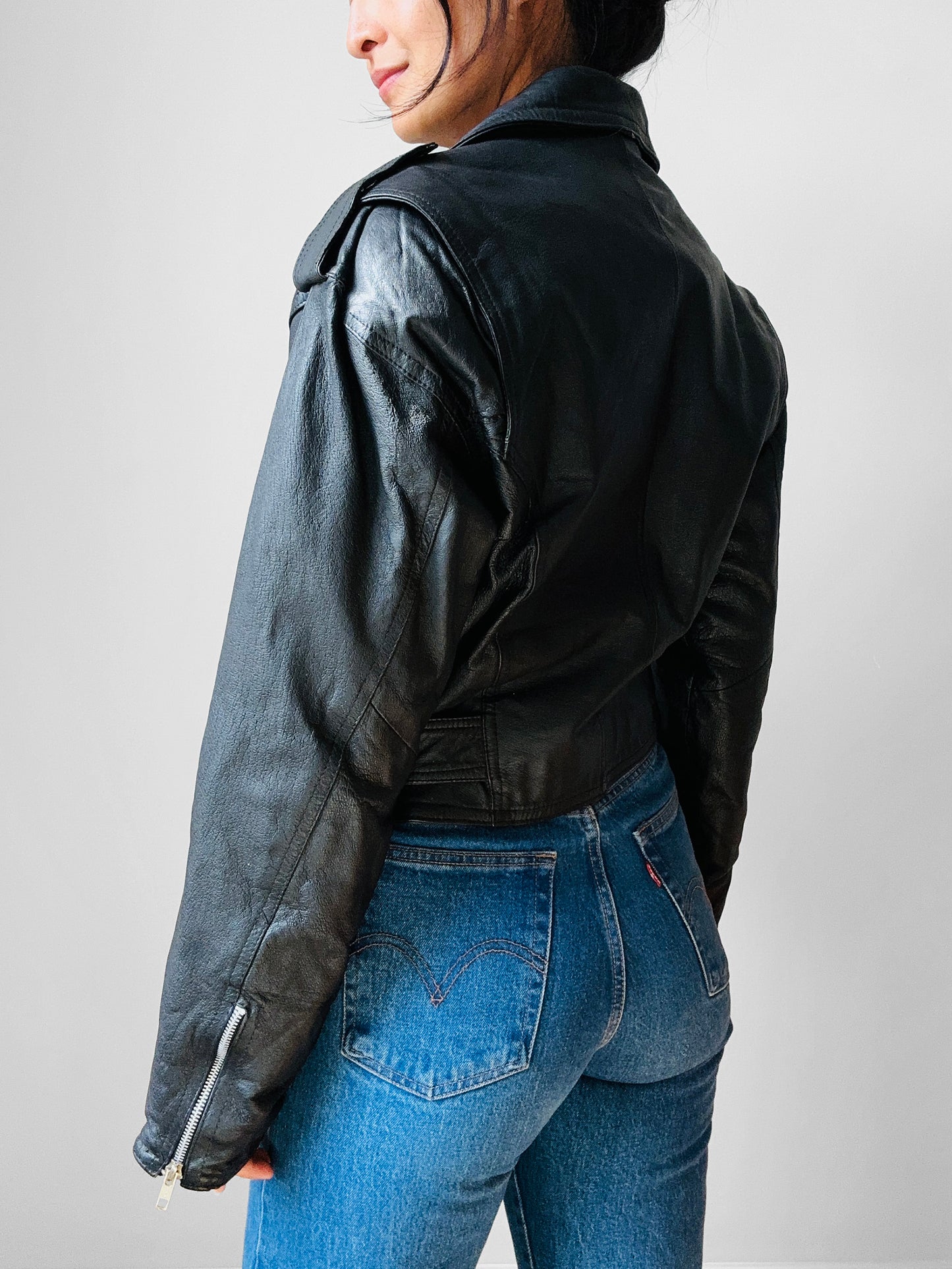 80s Black Short Waist Leather Biker Jacket - Sz. S/M