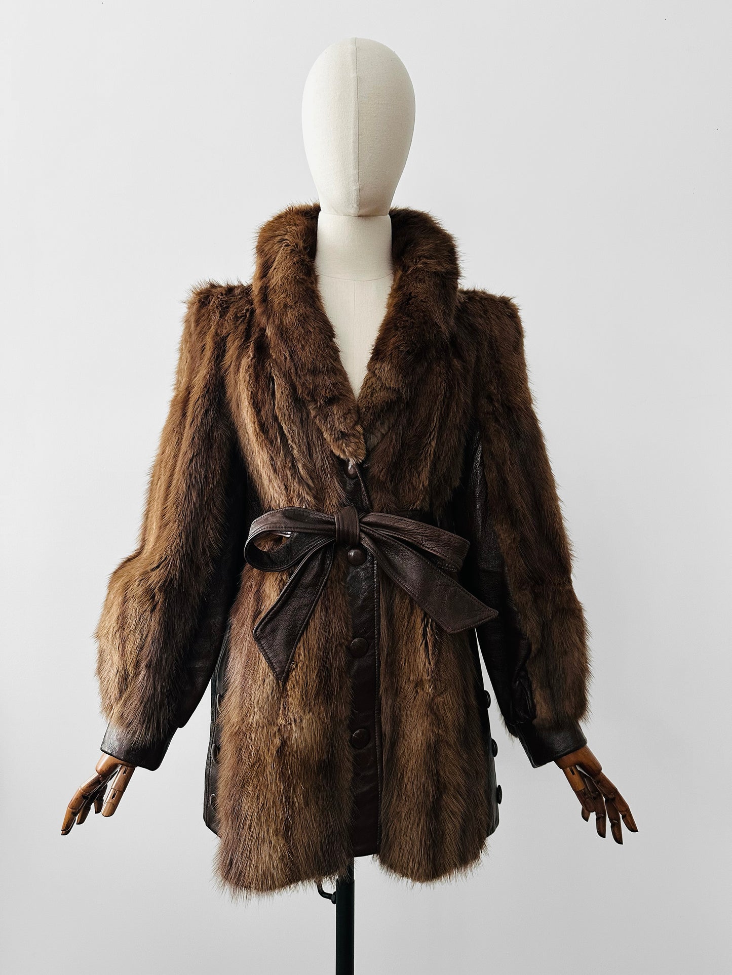 Vintage 1960s - 1970s Brown Belted Cape Back Leather and Fur Jacket - Sz. S/M