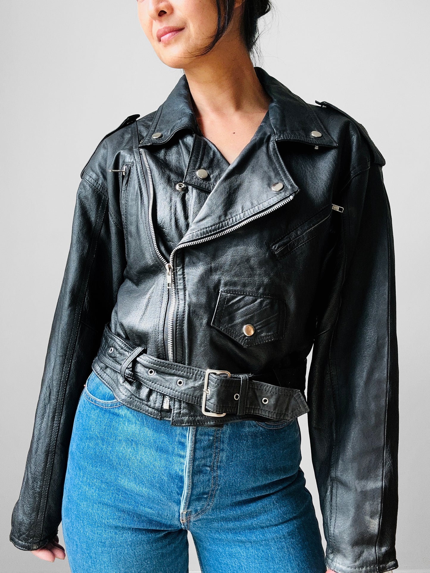 80s Black Short Waist Leather Biker Jacket - Sz. S/M