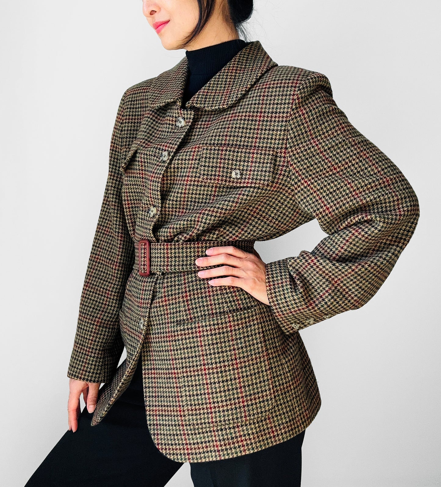 1980s Irish Wool Houndstooth Belted Jacket - Sz. M/L