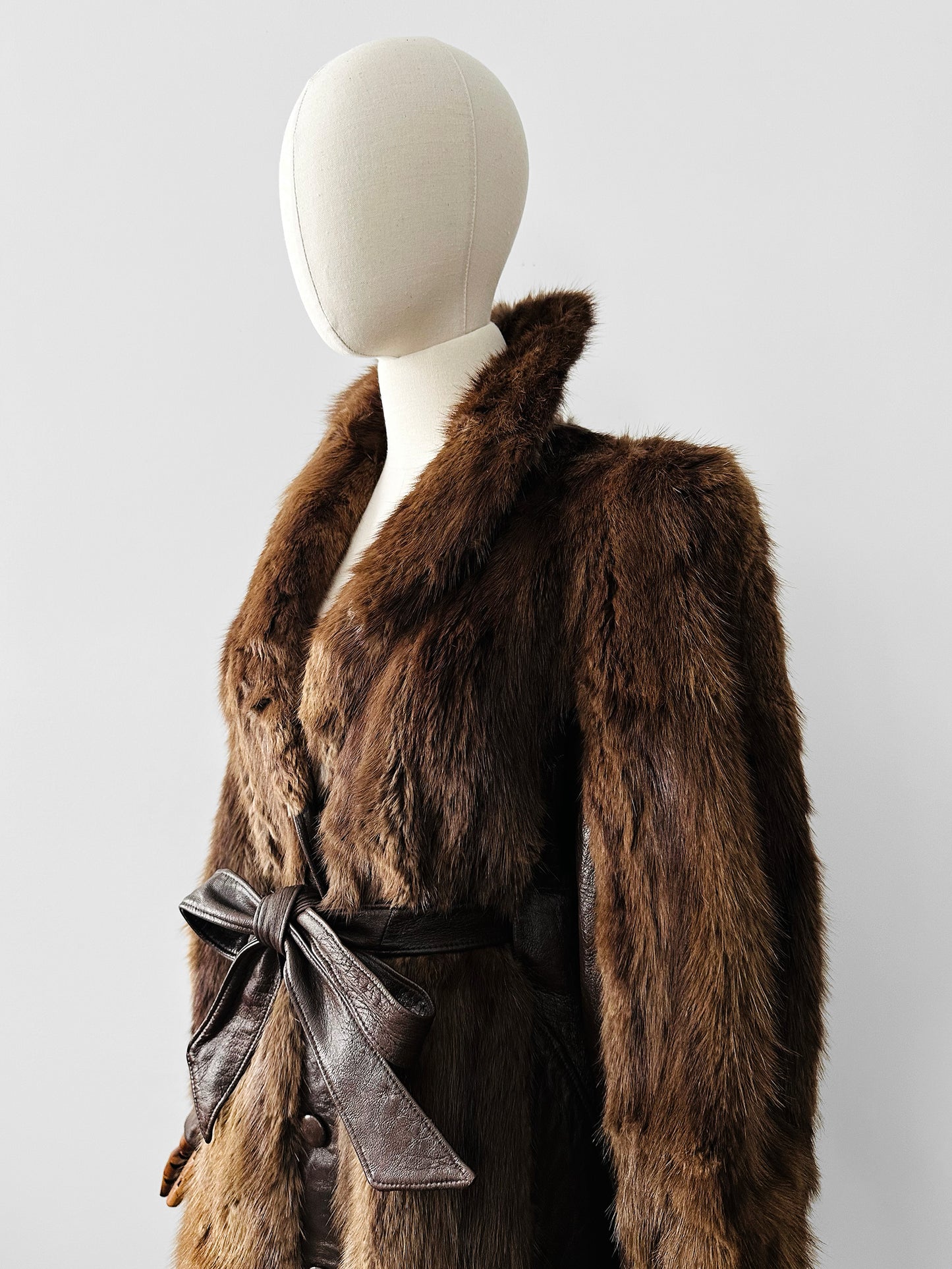 Vintage 1960s - 1970s Brown Belted Cape Back Leather and Fur Jacket - Sz. S/M