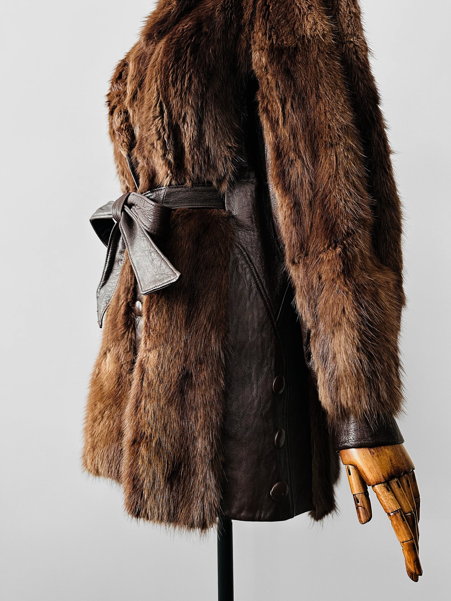 Vintage 1960s - 1970s Brown Belted Cape Back Leather and Fur Jacket - Sz. S/M