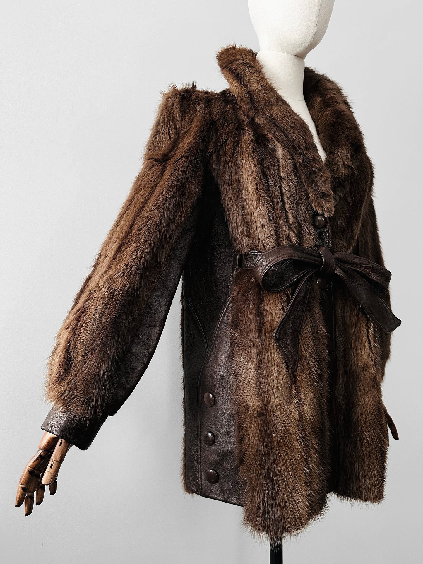 Vintage 1960s - 1970s Brown Belted Cape Back Leather and Fur Jacket - Sz. S/M