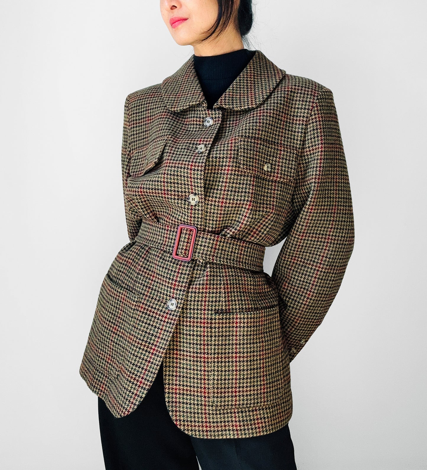 1980s Irish Wool Houndstooth Belted Jacket - Sz. M/L