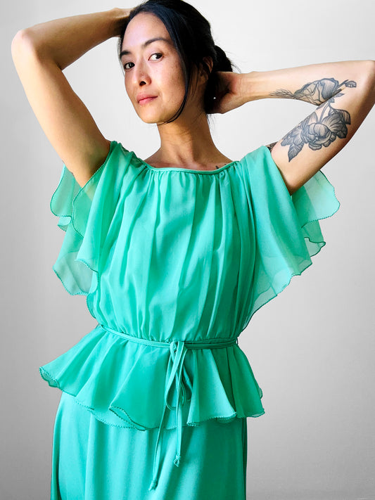 1970s Mint Green Flutter Sleeve Peplum Maxi Dress - Sz. S